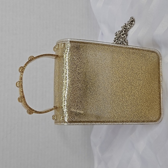 SPARKLE GOLD PLASTIC HANDBAG -GOLD SPARLE WITH SILVER CHAIN STRAP - Picture 3 of 8